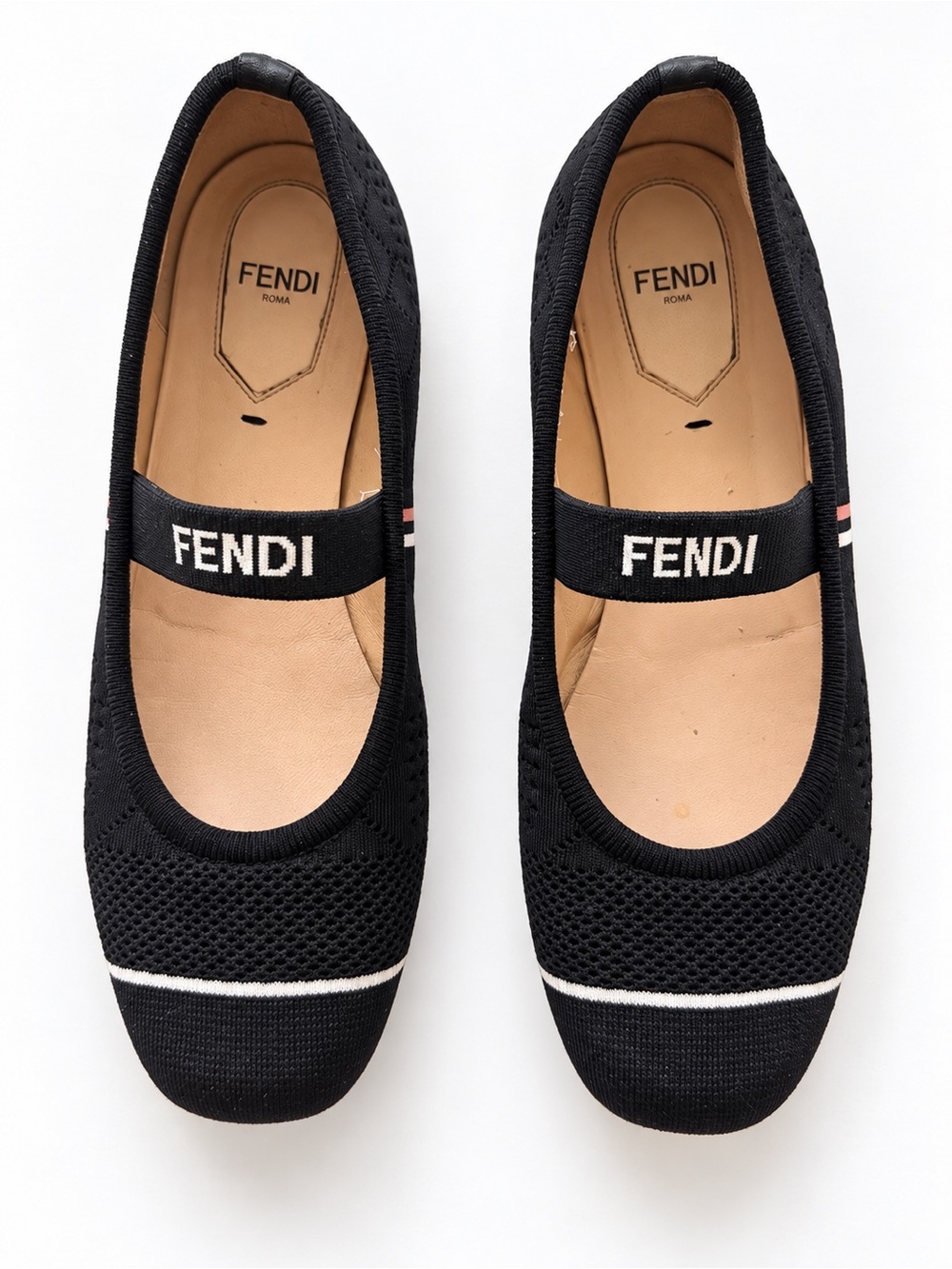 Fendi Marie Antoinette Black Knit Logo Strap Ballet Flats 36.5